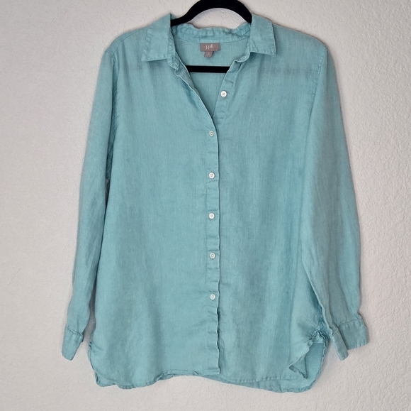 J Jill M Blue Long Line Linen Button Down Tunic Top - Picture 1 of 6